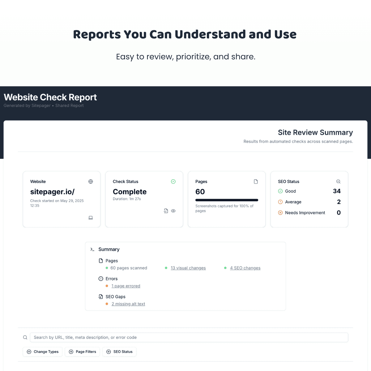 Sitepager shareable report showing visual changes, SEO issues, and broken links
