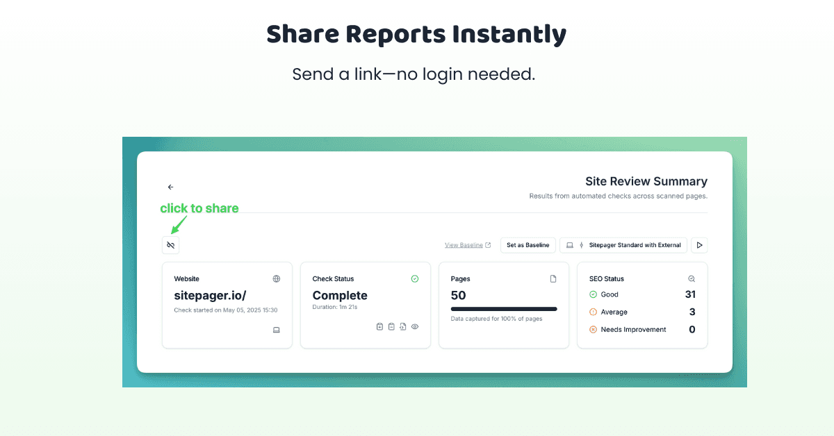 Sitepager shareable reports feature with public link sharing