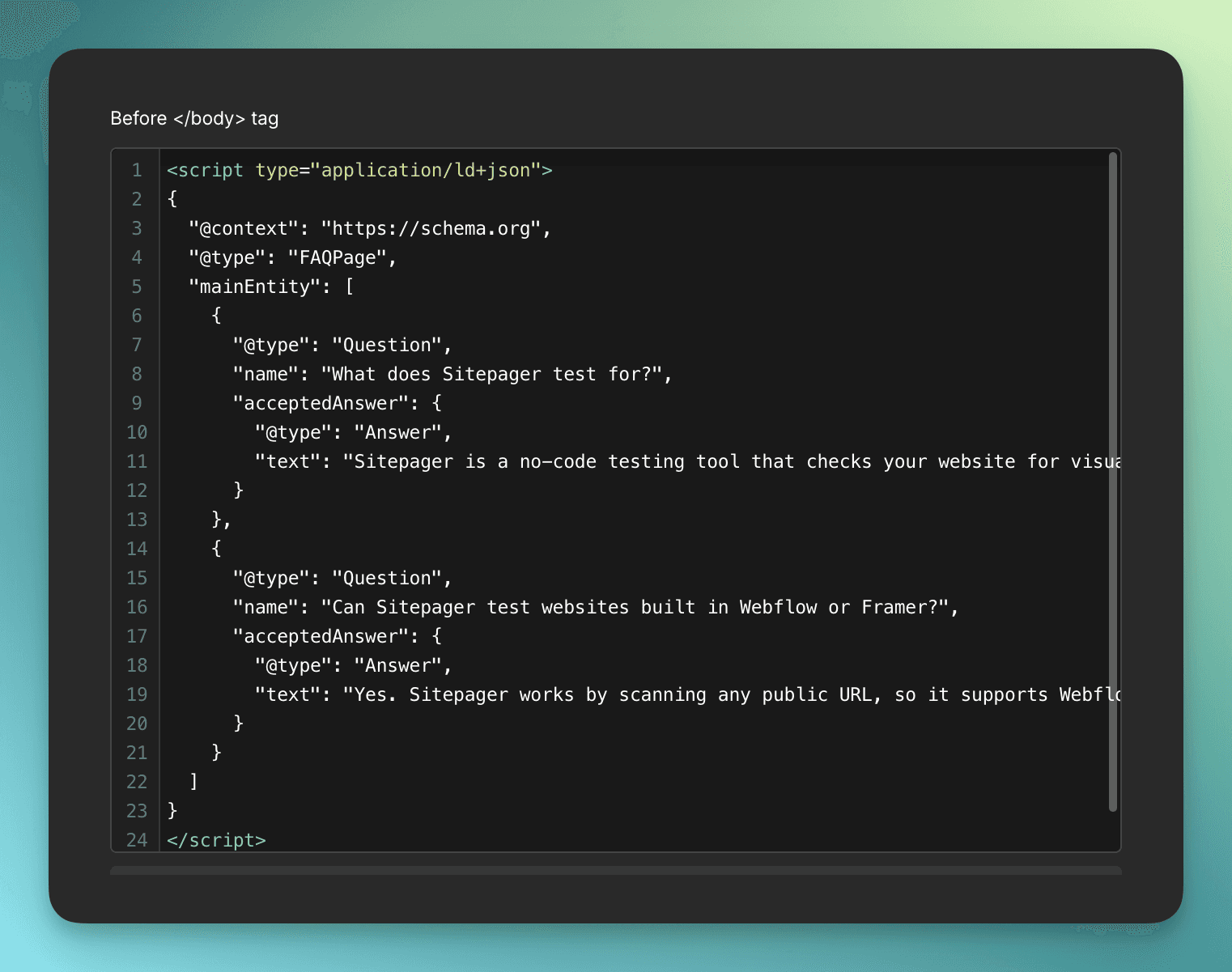 Adding FAQ schema in Webflow using the Before body tag custom code field