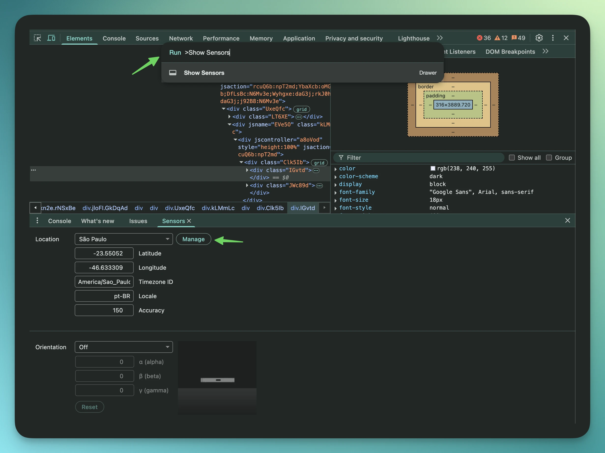 Chrome DevTools Sensors tab showing geolocation settings with custom coordinates
