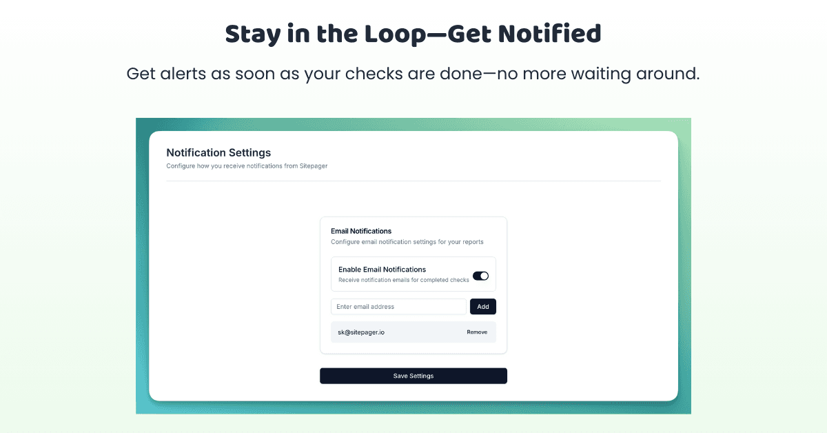 Email notification settings for Sitepager scan alerts