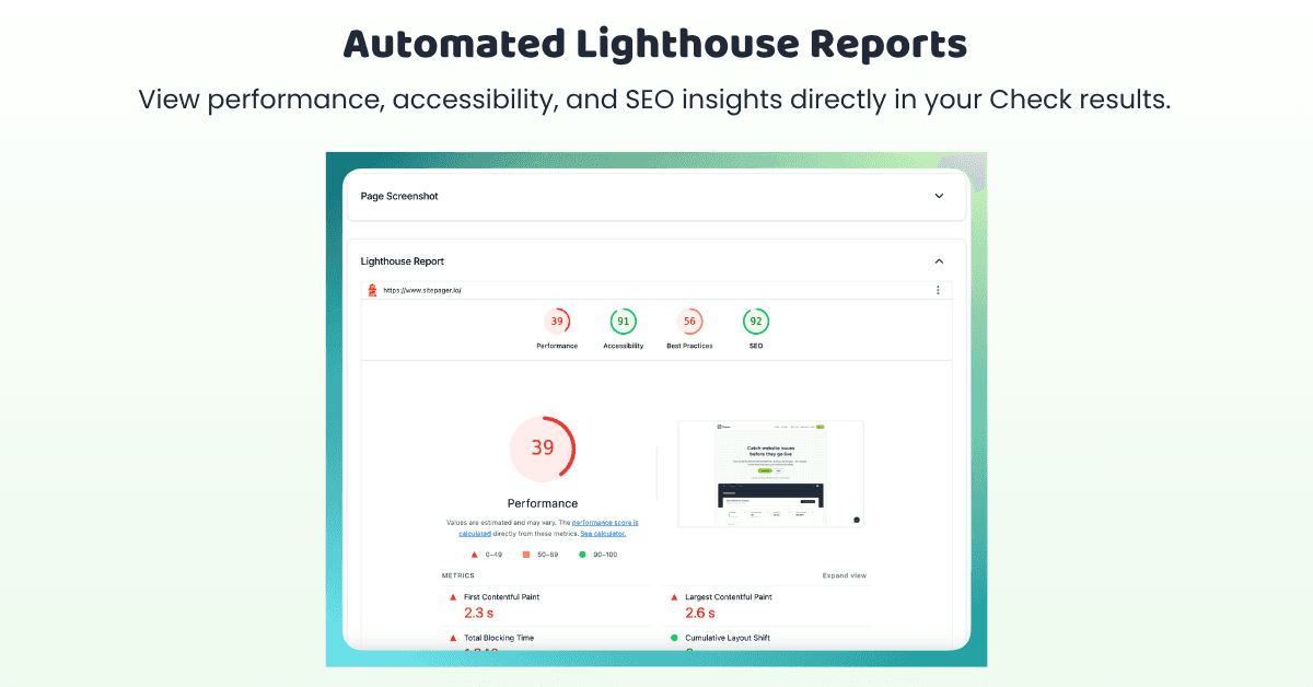 Sitepager report showing integrated Lighthouse scores for performance, accessibility, and SEO