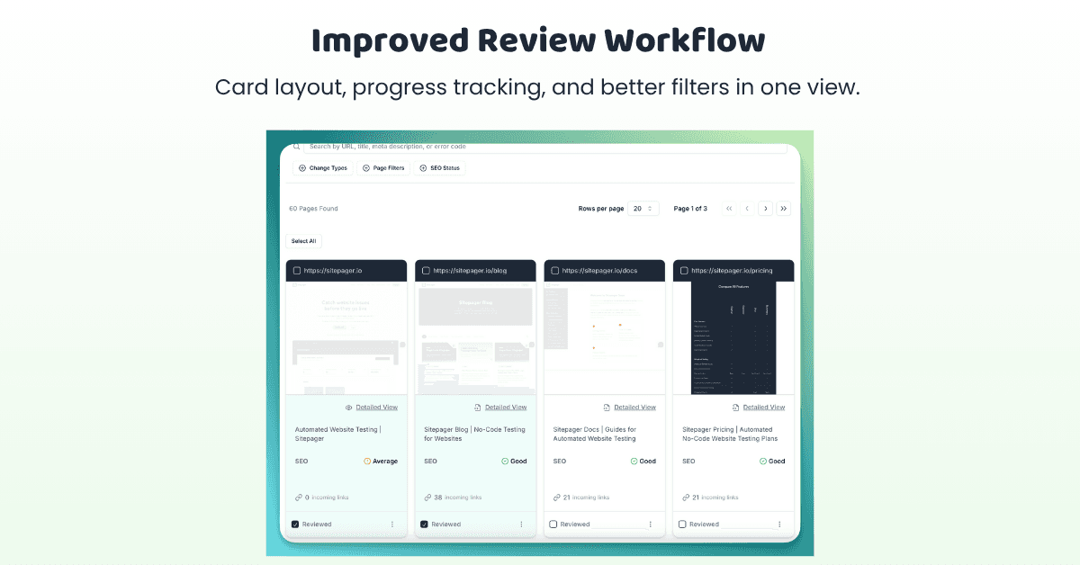 Sitepager report view with scrollable cards, reviewed tags, and improved filtering
